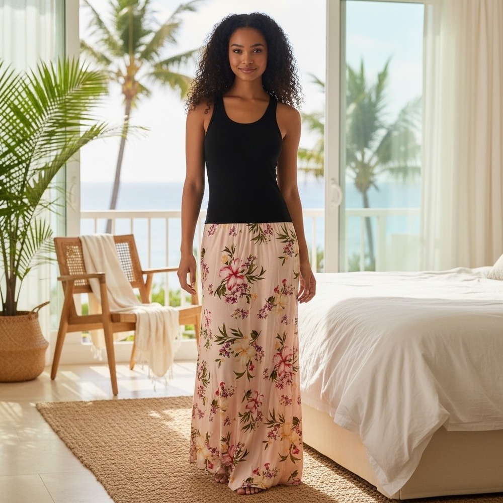 Victoria's Secret Black Tank Maxi Dress Floral Print Pink Lined Resort Size‎ M